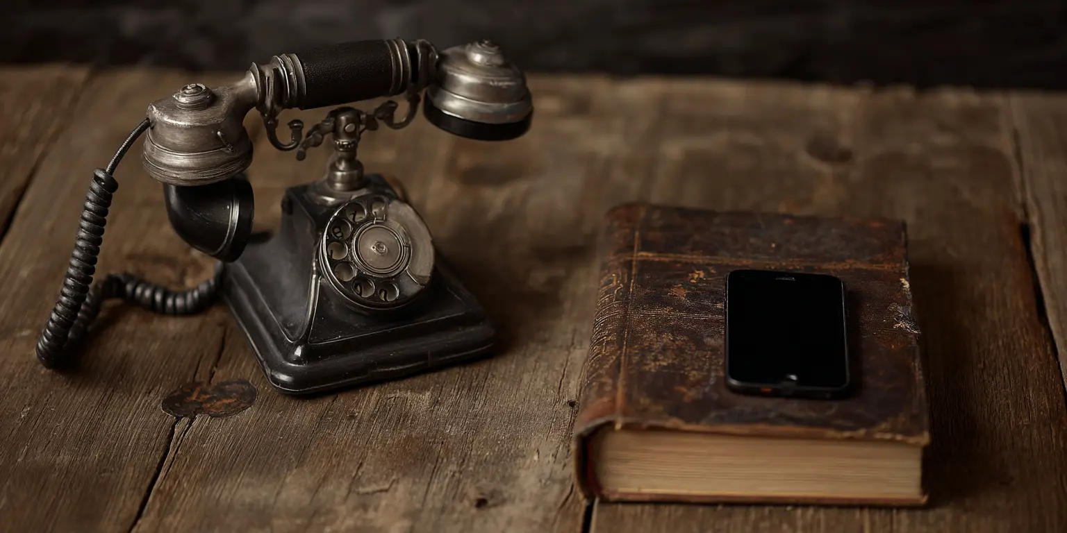 Téléphone ancien et smartphone posés sur un livre ancien, symbolisant le lien entre tradition et modernité