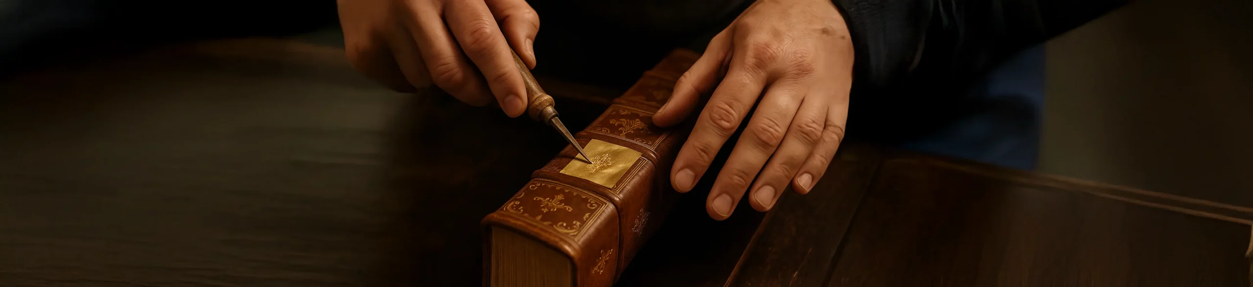 Application manuelle de feuille d’or sur le dos d’un livre ancien, dorure artisanale réalisée à l’atelier de reliure dorure à Paris