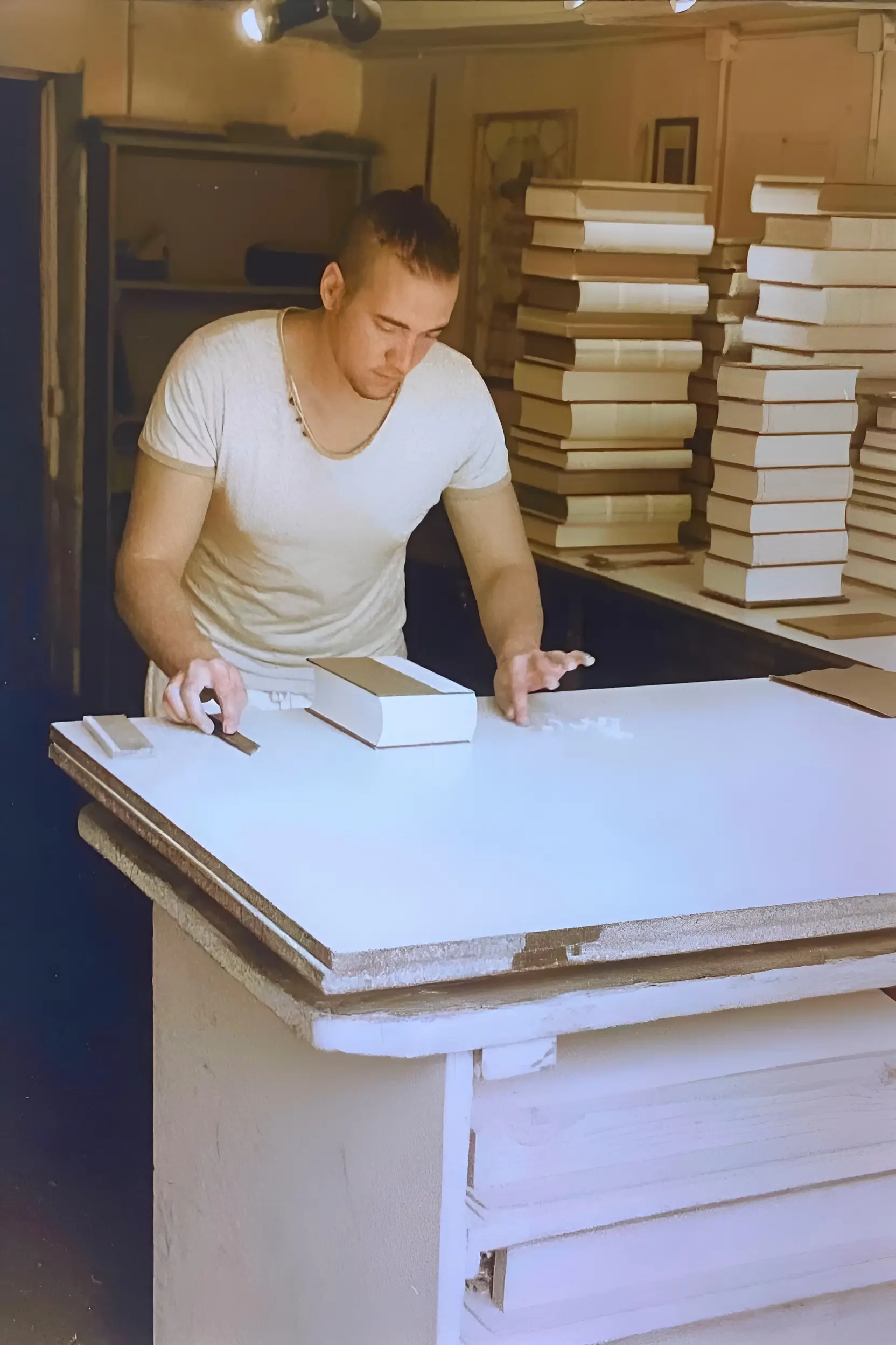Greg, artisan relieur à l’Atelier Reliure Paris, travaillant à la confection et à l’assemblage de reliures, entouré de piles de livres dans son atelier de la place Dauphine